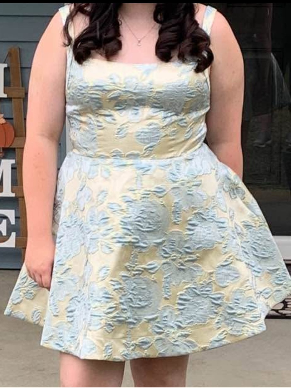 Sleeveless Mini Dress in Pale Yellow with Light Blue Floral Jacquard